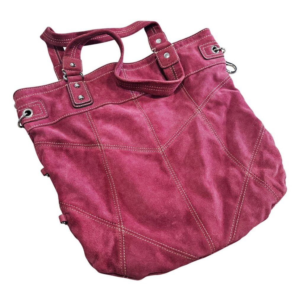 Red Suede Hype‎ Large Tote Bag With Black Patterned Interior & Silver Hardware